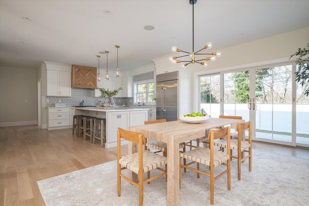 Dining room, Interior, Kitchen, Pendant Lights, Recessed Lighting, Wood Texture Flooring