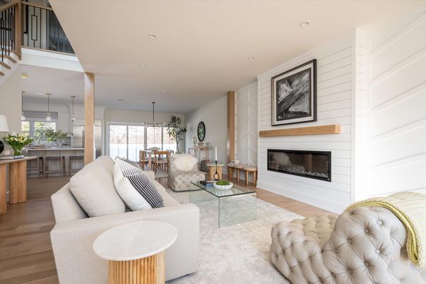 Dining room, Fireplace, Interior, Living room, Pendant Lights, Recessed Lighting, Wood Texture Flooring