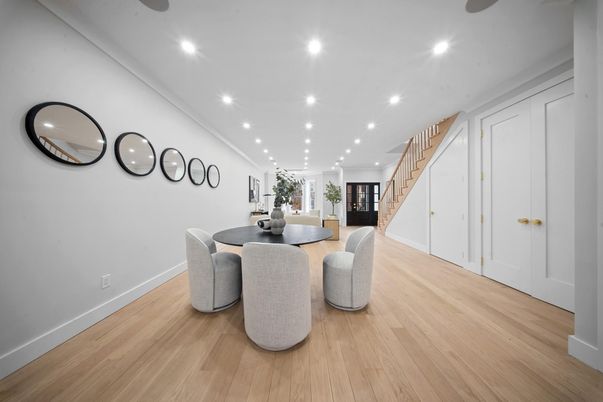 Dining room, Interior, Recessed Lighting, Wood Texture Flooring
