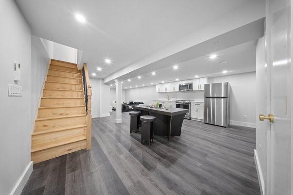 Interior, Kitchen, Recessed Lighting, Stainless Steel Appliances, Wood Texture Flooring