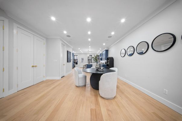 Dining room, Interior, Recessed Lighting, Wood Texture Flooring