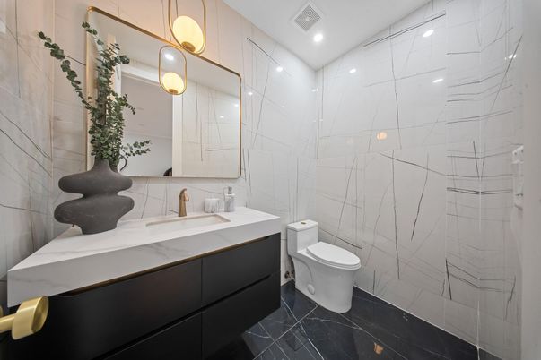 Bathroom, Glass Shower, Interior, Marble, Marble Walls, Pendant Lights, Recessed Lighting