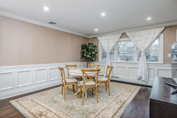 Dining room, Interior, Recessed Lighting, Wood Texture Flooring