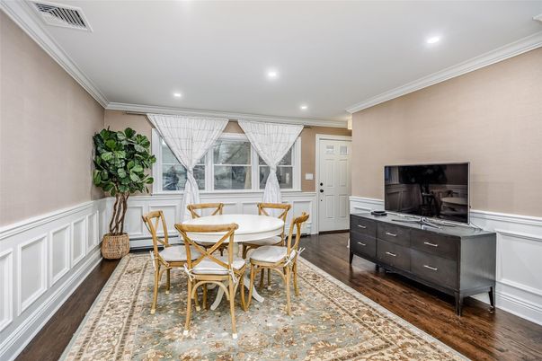 Dining room, Interior, Recessed Lighting, Wood Texture Flooring