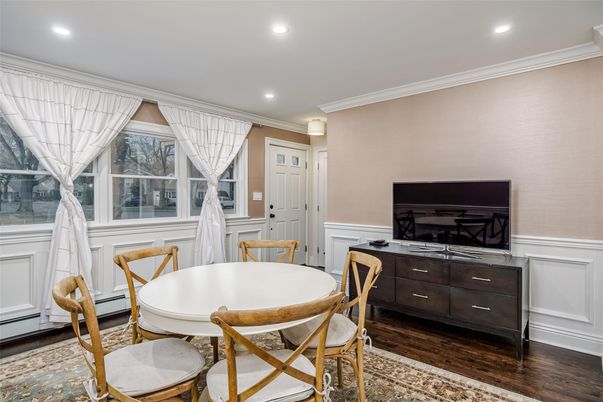 Dining room, Interior, Recessed Lighting, Wood Texture Flooring