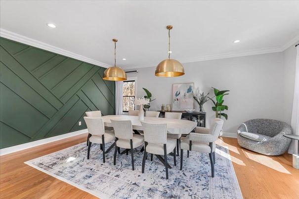 Dining room, Interior, Pendant Lights, Recessed Lighting, Wood Texture Flooring