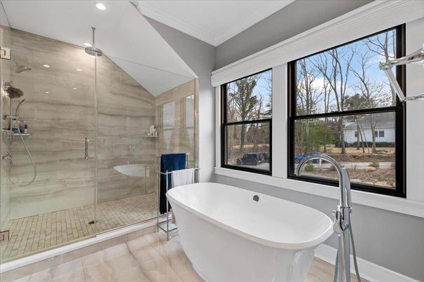 Bathroom, Free Standing Baths, Glass Shower, Interior, Recessed Lighting