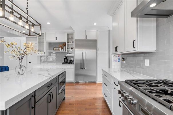Interior, Kitchen, Pendant Lights, Recessed Lighting, Stainless Steel Appliances, Wood Texture Flooring