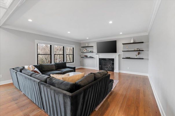 Fireplace, Interior, Living room, Recessed Lighting, Wood Texture Flooring