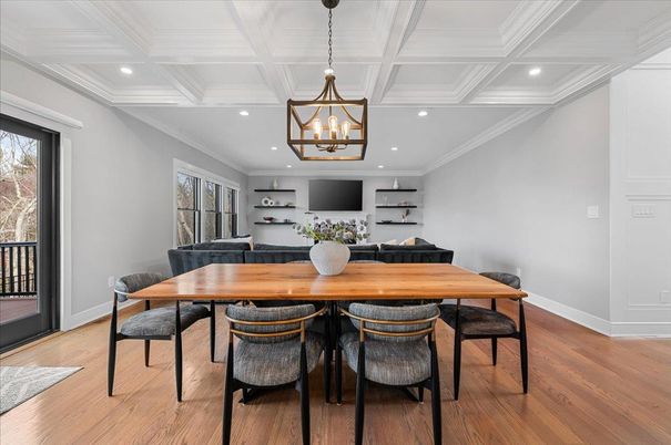Dining room, Interior, Pendant Lights, Recessed Lighting, Wood Texture Flooring