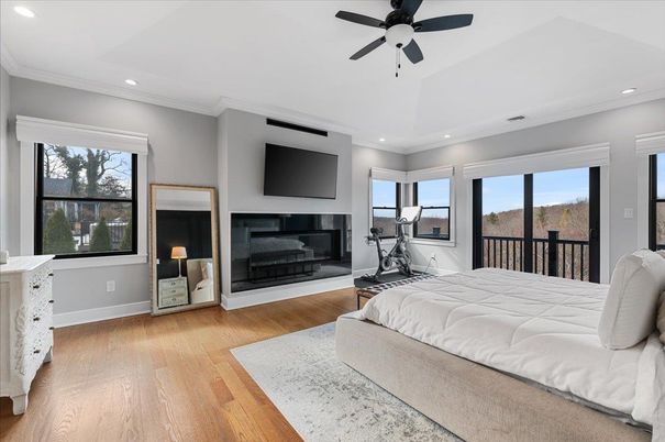 Bedroom, Fireplace, Fitness Equipment, Interior, Recessed Lighting, Wood Texture Flooring