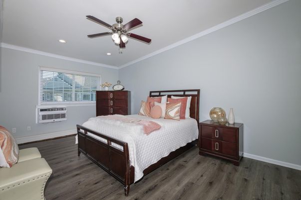 Bedroom, Interior, Recessed Lighting, Wood Texture Flooring