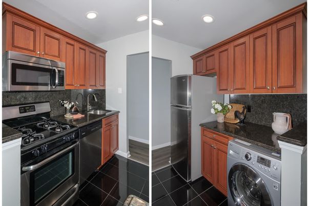 Interior, Kitchen, Recessed Lighting, Washer, Wood Texture Flooring