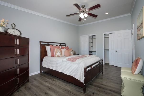 Bedroom, Interior, Recessed Lighting, Wood Texture Flooring
