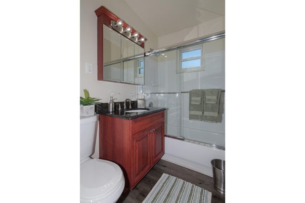 Bathroom, Glass Shower, Interior, Wood Texture Flooring