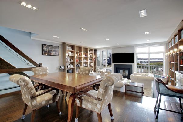 Dining room, Fireplace, Interior, Living room, Recessed Lighting, Wood Texture Flooring