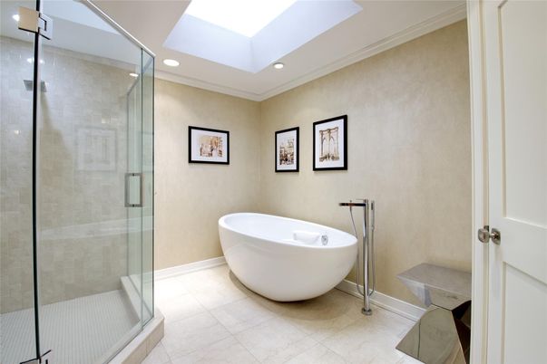Bathroom, Free Standing Baths, Glass Shower, Interior, Recessed Lighting
