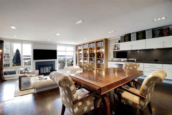 Dining room, Fireplace, Interior, Living room, Recessed Lighting, Wood Texture Flooring