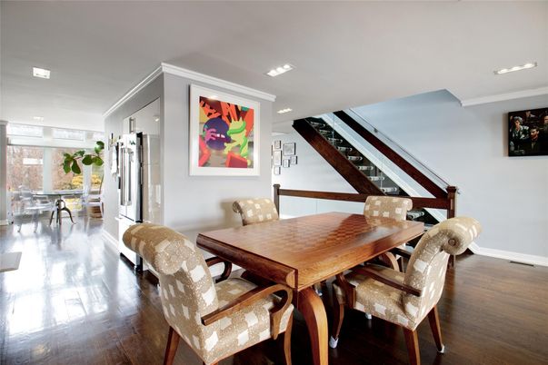 Dining room, Interior, Recessed Lighting, Wood Texture Flooring