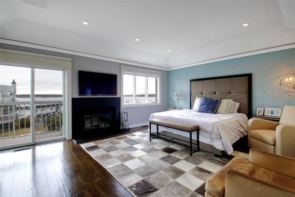 Bedroom, Fireplace, Interior, Recessed Lighting, Wood Texture Flooring