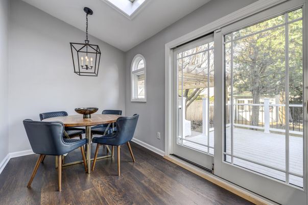 Dining room, Interior, Pendant Lights, Wood Texture Flooring