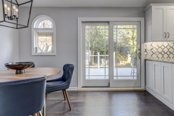 Dining room, Interior, Pendant Lights, Wood Texture Flooring