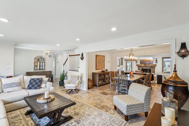 Chandelier, Dining room, Fireplace, Interior, Living room, Pendant Lights, Recessed Lighting