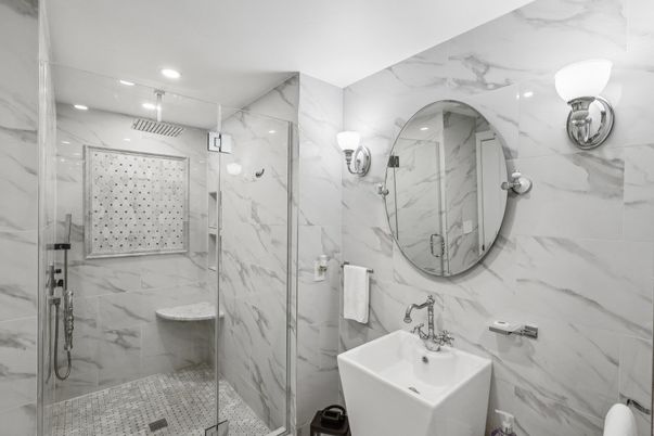 Bathroom, Glass Shower, Interior, Marble Walls, Recessed Lighting