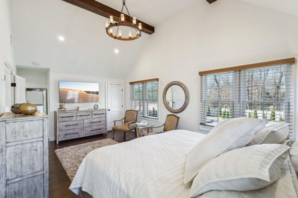 Bedroom, Interior, Pendant Lights, Recessed Lighting, Wooden Beams, Wood Texture Flooring
