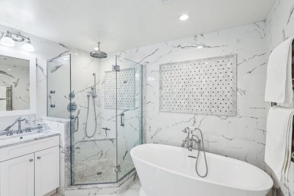 Bathroom, Free Standing Baths, Glass Shower, Interior, Marble, Marble Walls, Recessed Lighting