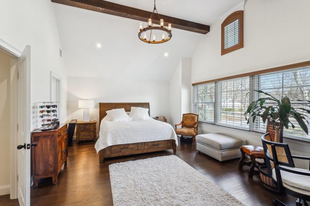 Bedroom, Interior, Pendant Lights, Recessed Lighting, Wooden Beams, Wood Texture Flooring