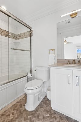 Bathroom, Glass Shower, Interior, Wood Texture Flooring