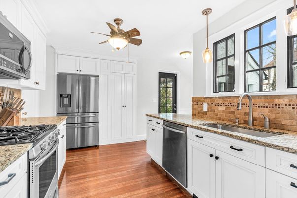 Interior, Kitchen, Pendant Lights, Stainless Steel Appliances, Wood Texture Flooring