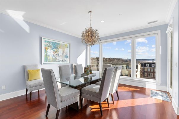 Chandelier, Dining room, Interior, Recessed Lighting, Wood Texture Flooring