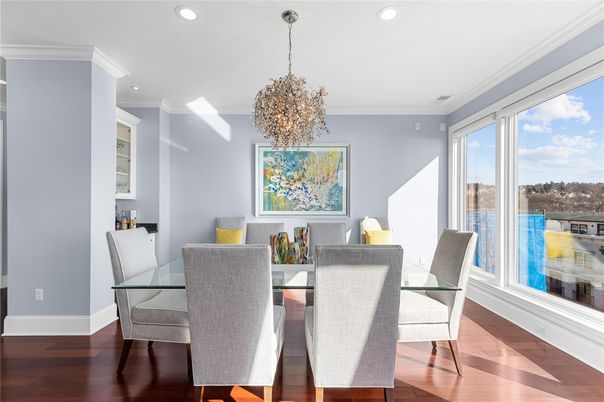 Dining room, Interior, Pendant Lights, Recessed Lighting, Wood Texture Flooring