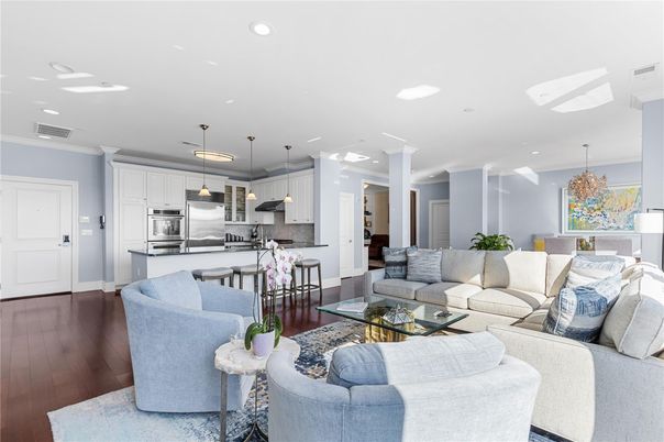 Interior, Kitchen, Living room, Pendant Lights, Recessed Lighting, Stainless Steel Appliances, Wood Texture Flooring