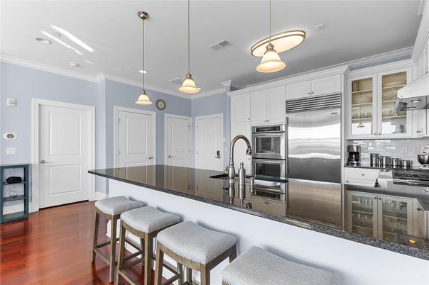 Interior, Kitchen, Pendant Lights, Recessed Lighting, Stainless Steel Appliances, Wood Texture Flooring
