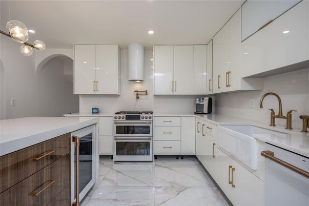 Interior, Kitchen, Marble, Pendant Lights, Recessed Lighting, Stainless Steel Appliances