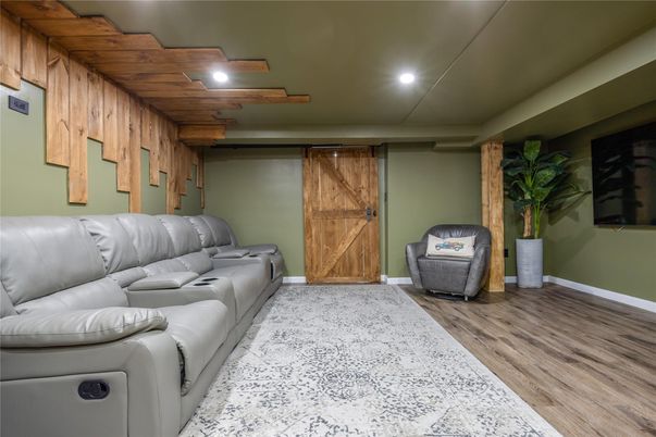 Home Theatre Room, Interior, Living room, Recessed Lighting, Theatre Room, Wood Texture Flooring, Wooden Walls