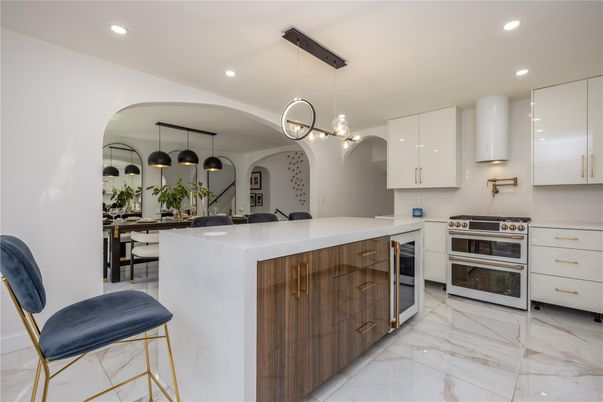 Interior, Kitchen, Marble, Pendant Lights, Recessed Lighting, Stainless Steel Appliances