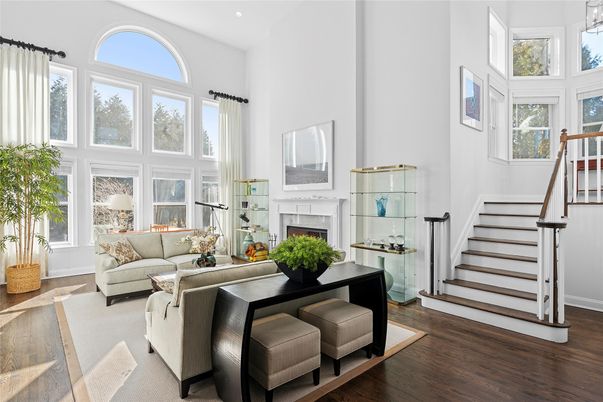 Dining room, Fireplace, Interior, Living room, Recessed Lighting, Wood Texture Flooring
