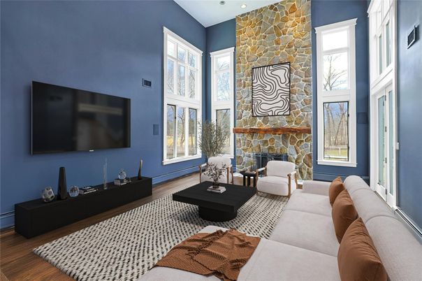 Fireplace, Interior, Living room, Stone Walls, Wood Texture Flooring