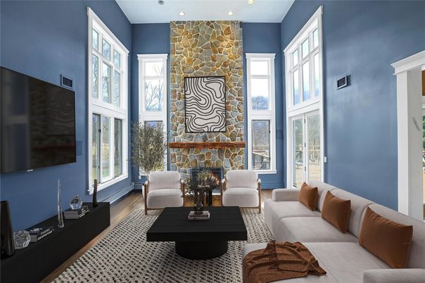 Fireplace, Interior, Living room, Recessed Lighting, Stone Walls, Wood Texture Flooring