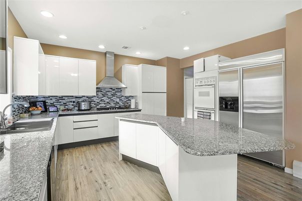 Interior, Kitchen, Recessed Lighting, Stainless Steel Appliances, Wood Texture Flooring