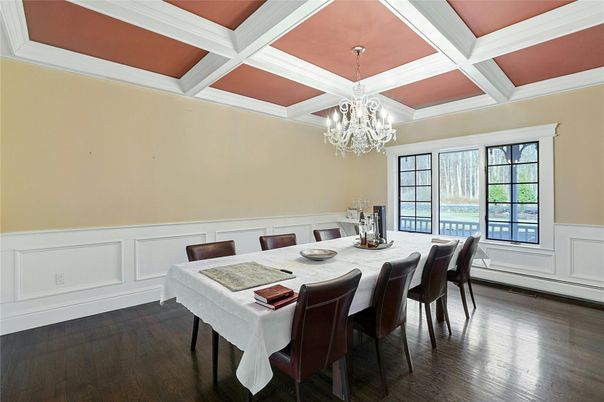 Chandelier, Dining room, Interior, Wood Texture Flooring