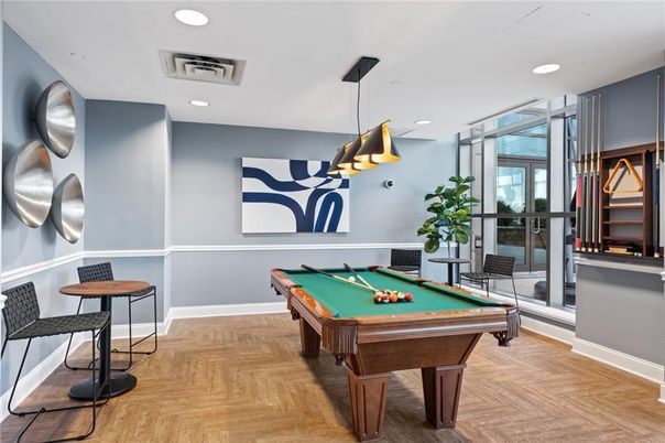 Billiard Table, Game Room, Interior, Pendant Lights, Recessed Lighting, Wood Texture Flooring