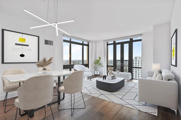 Dining room, Interior, Living room, Pendant Lights, Wood Texture Flooring