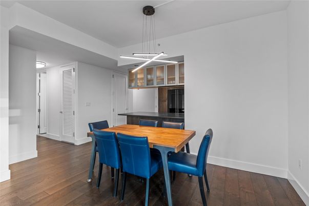 Dining room, Interior, Kitchen, Pendant Lights, Wood Texture Flooring