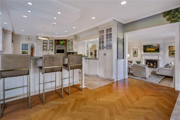 Fireplace, Interior, Kitchen, Living room, Pendant Lights, Recessed Lighting, Wood Texture Flooring