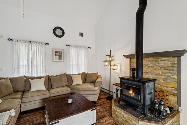 Fireplace, Interior, Living room, Stone Walls, Wood Texture Flooring